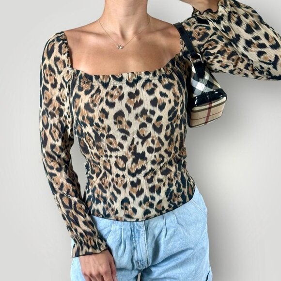 Vintage Leopard Print Silk Sheer Womens Cheetah Blouse Y2K Ruffled Cuffs XS - Picture 1 of 9